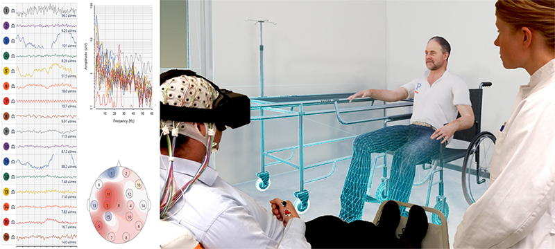 Ein Patient erlebt in virtueller Realität Bewegung der durch Schlaganfall betroffenen Extremität (Foto: Neurologische Universitätsklinik Tübingen und VTplus GmbH)